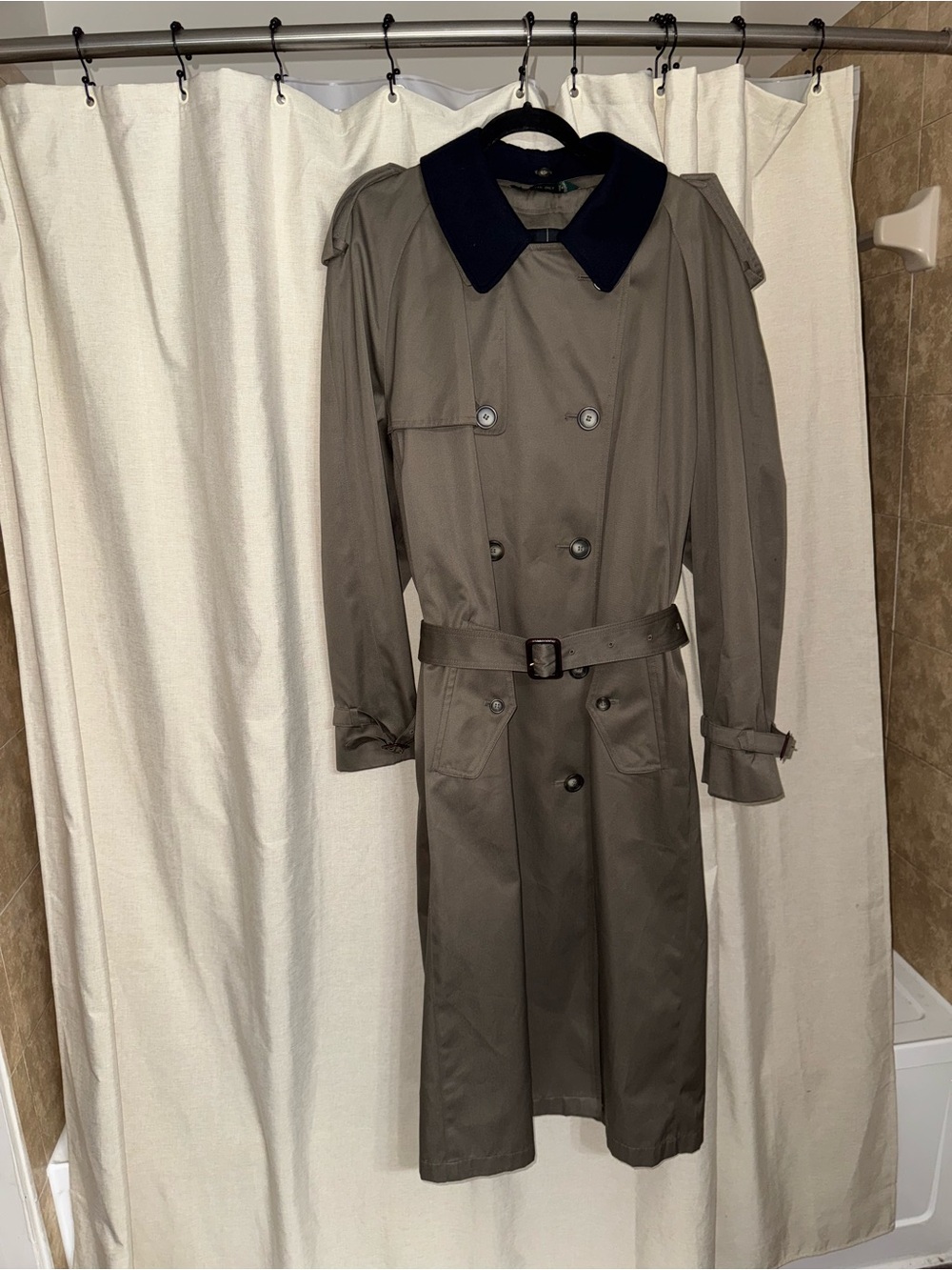 Lauren Ralph Lauren Classic Olive Green Taupe Trench Coat with Contrast Collar